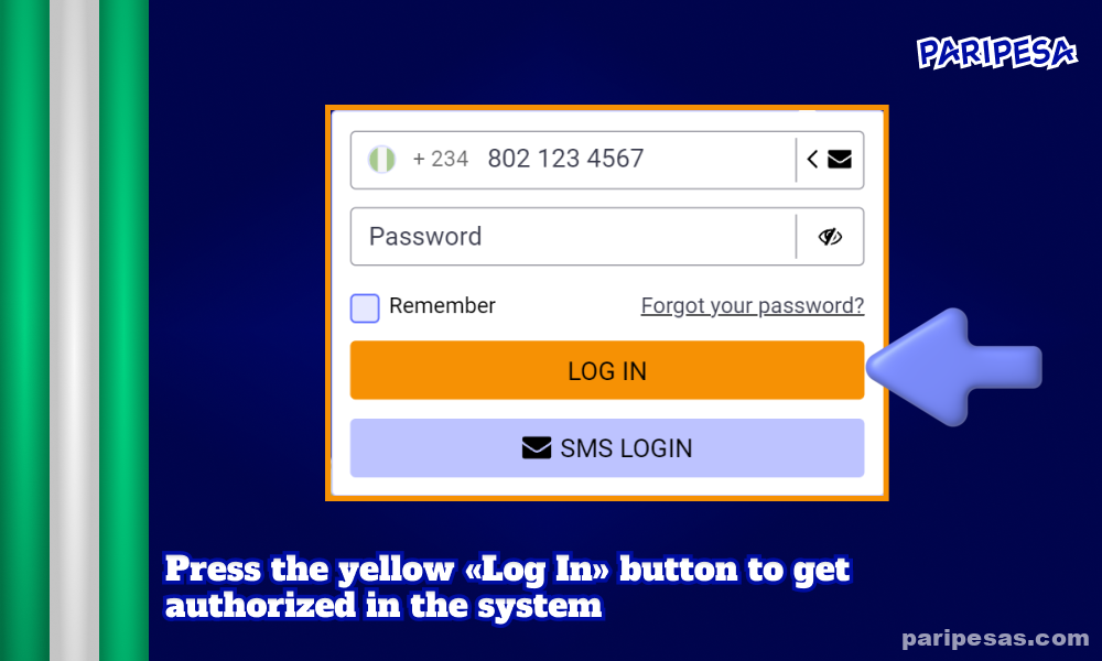 To log in to the PariPesa system, Nigerian players need to click the yellow Login button