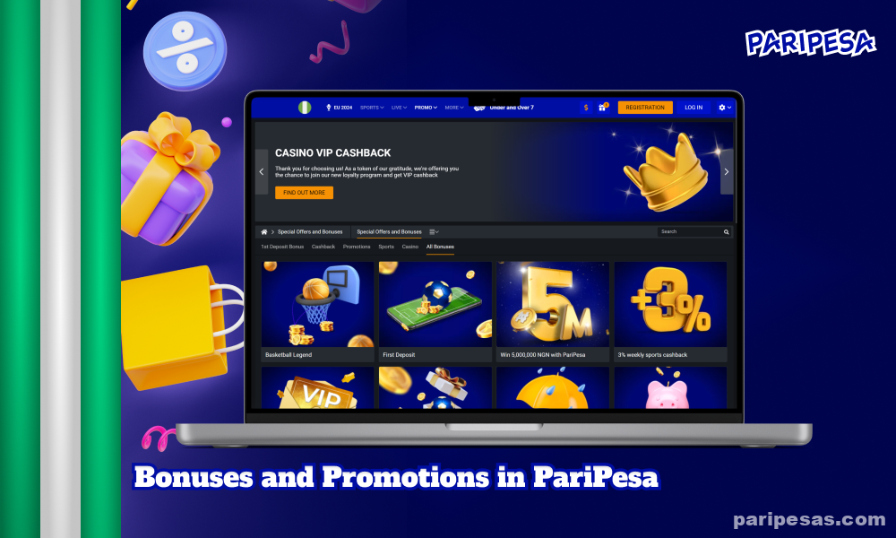 PariPesa Casino offers players in Nigeria a variety of bonuses and promotions, including cash rewards, free spins, free bets, cashback and other benefits