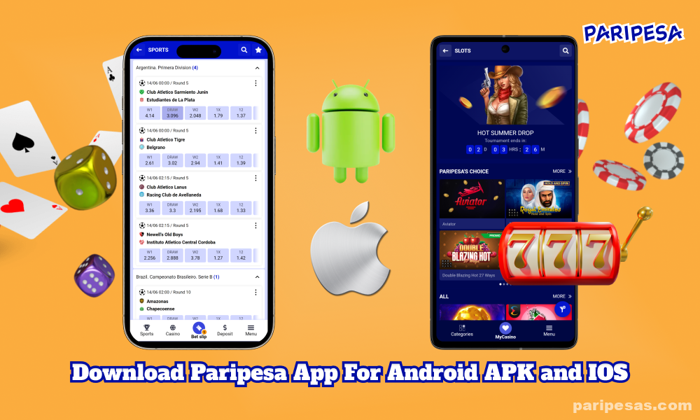 জুয়াড়িরা Android APK এবং iOS-এর জন্য Paripesa অ্যাপটি ডাউনলোড করতে পারে এর সমস্ত বৈশিষ্ট্য অ্যাক্সেস করতে, যার মধ্যে রয়েছে প্রতিদিন 500 টিরও বেশি ক্রীড়া ইভেন্টে বাজি ধরা এবং 8,000টিরও বেশি ক্যাসিনো গেম