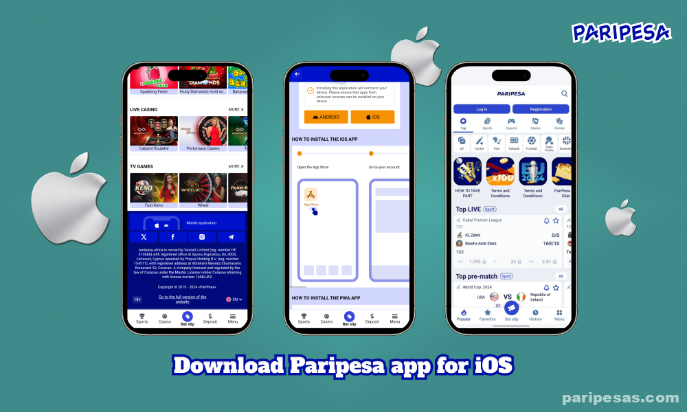 iOS-এর জন্য Paripesa অ্যাপ ডাউনলোড করতে, অফিসিয়াল ওয়েবসাইটে যান, অ্যাপস বিভাগটি খুঁজুন, ডাউনলোড লিঙ্কটি অনুসরণ করুন, অ্যাপ ইনস্টল করুন এবং তারপরে ক্যাসিনো গেম খেলতে এবং খেলাধুলায় বাজি ধরা শুরু করতে আপনার ডিভাইসে এটি খুলুন।