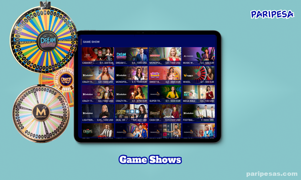 Paripesa Casino offers its users a variety of game shows, where each game in the live casino lineup has its own unique rules and betting options, including big wheel, spins, picks or dice rolls, allowing players to interact with hosts and other participants in real time