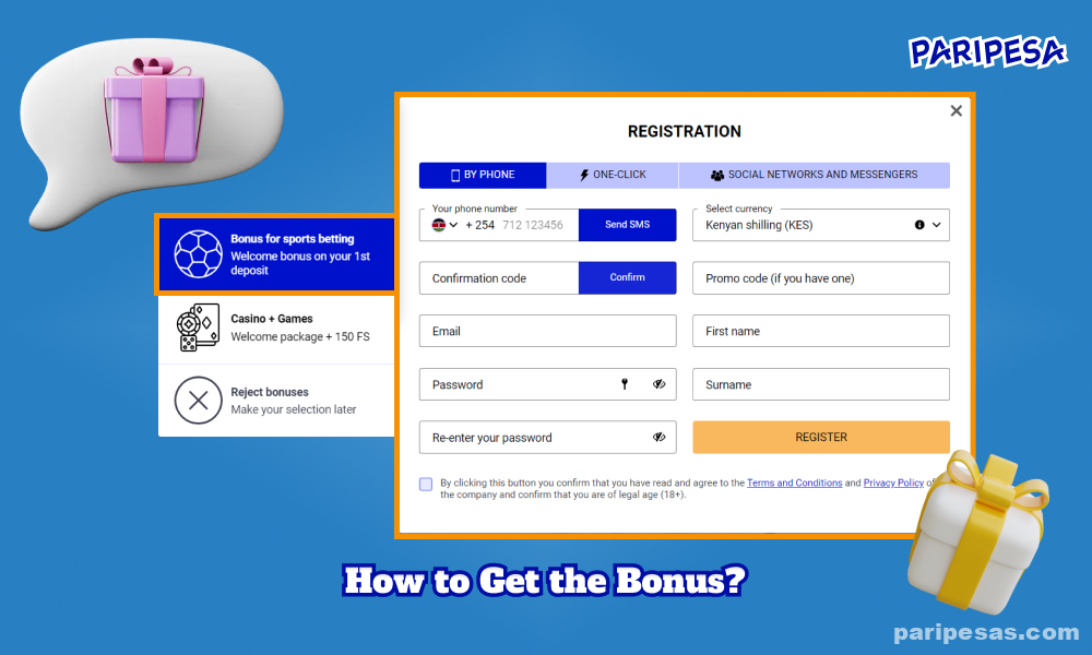 To get Paripesa sports bonus on first deposit players need to create an account, tick the participation in bonus offers, deposit at least 118 KES and the additional amount will be automatically credited to the account