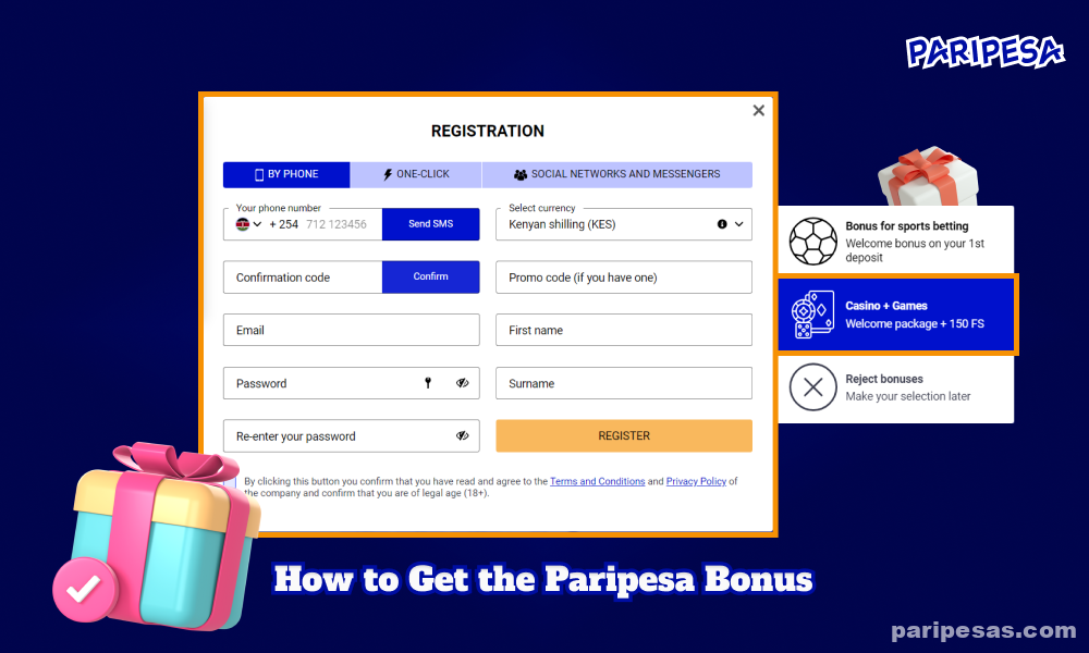 To receive the welcome bonus from Paripesa Casino, players need to register on the site, select the desired bonus upon registration, fill out a profile and make the first deposit