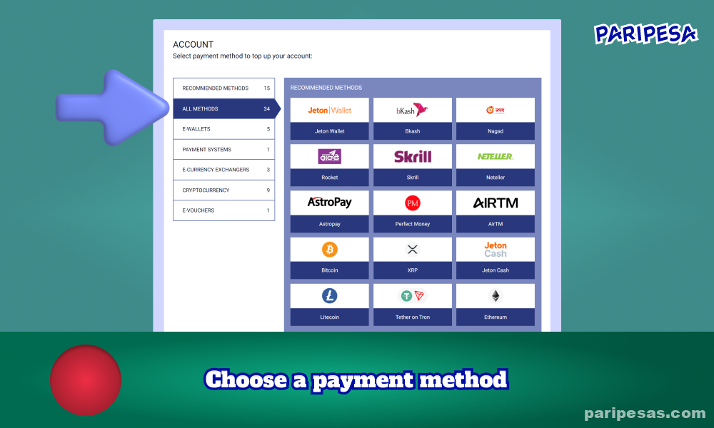 Paripesa ক্যাসিনো বাংলাদেশে খেলার জন্য, আপনাকে অফার করা থেকে একটি অর্থপ্রদানের পদ্ধতি বেছে নিতে হবে এবং একটি আমানত করতে হবে