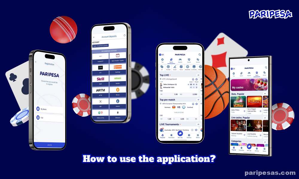 To use the Paripesa app, simply launch it on your device, log in to your account or register, select a payment method and make a deposit, then go to the Casino or Sports category in the menu, select the desired event and place your bet