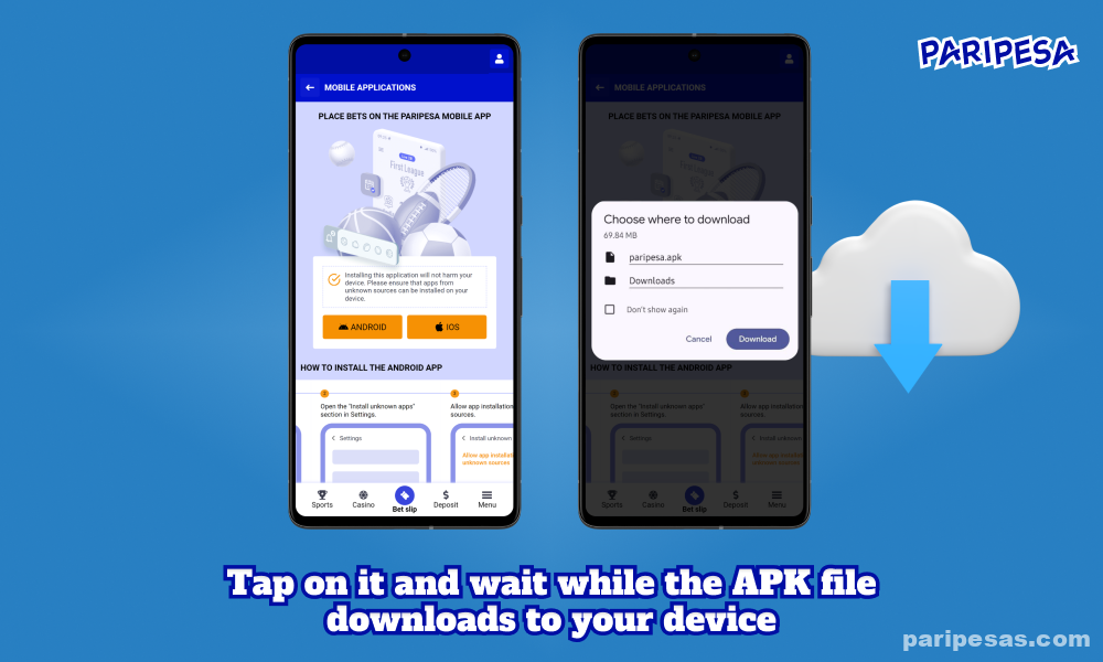 To download the Paripesa mobile application as an APK file from the official casino website, click on the button with the Android logo and wait for the file to download to your device