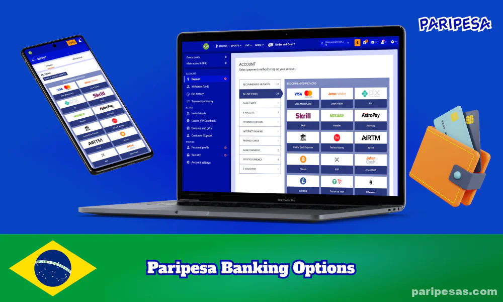 No site da Paripesa, os brasileiros têm acesso a diversos métodos de pagamento para depósitos e saques com praticidade