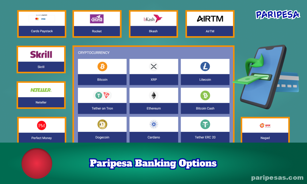 Paripesa ওয়েবসাইটটি বাংলাদেশের ব্যবহারকারীদের ব্যাংক কার্ড, ই-ওয়ালেট এবং ক্রিপ্টোকারেন্সি সহ বিভিন্ন ধরনের জমা ও উত্তোলনের পদ্ধতি অফার করে।