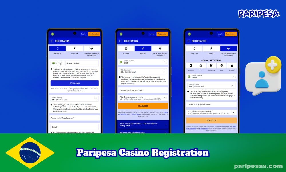 Para se registrar no Paripesa Casino, os jogadores do Brasil precisam abrir o site, selecionar um método de registro e preencher as informações necessárias