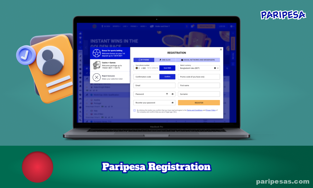 Paripesa-তে নিবন্ধন করতে এবং প্রকৃত অর্থের জন্য খেলা শুরু করতে, বাংলাদেশী খেলোয়াড়দের ইমেল, ফোন বা এক-ক্লিক নিবন্ধকরণ বিকল্প নির্বাচন করতে হবে, সঠিক তথ্য প্রদান করতে হবে এবং সাইটের শর্তাবলী মেনে নিতে হবে।