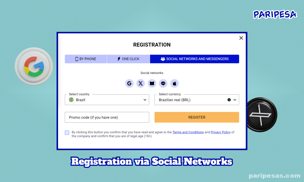 Para se registrar através de redes sociais e mensageiros instantâneos em Paripesa, você precisa vincular sua conta selecionando o serviço apropriado, indicando seu país, moeda e, se disponível, um código promocional e, em seguida, concluir o processo clicando no botão Registrar