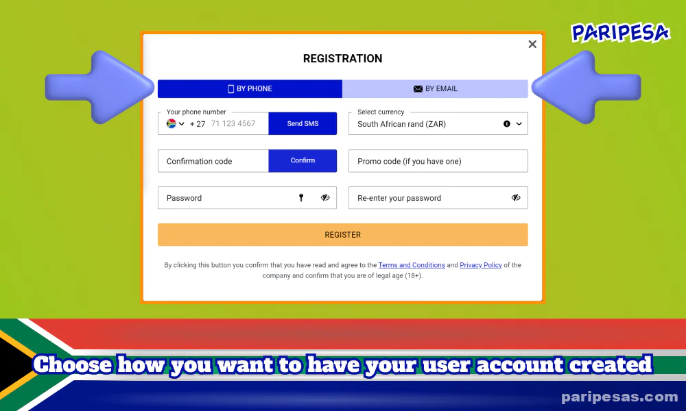 To register with PariPesa South Africa, choose to create an account using your mobile number or email address