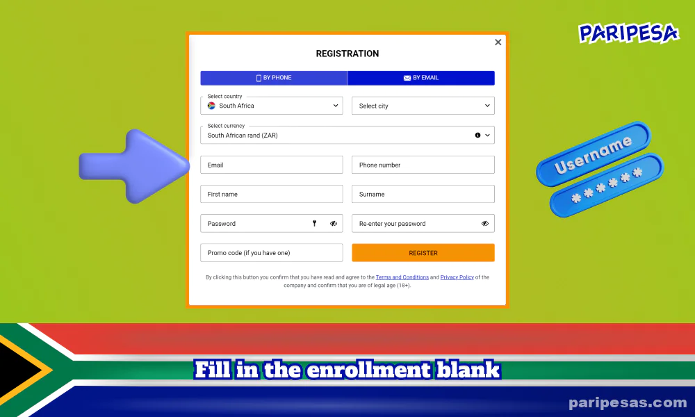 Players from South Africa need to fill out a registration form to register with PariPesa, providing their country, region, city, currency, mobile phone number, email address, name and password