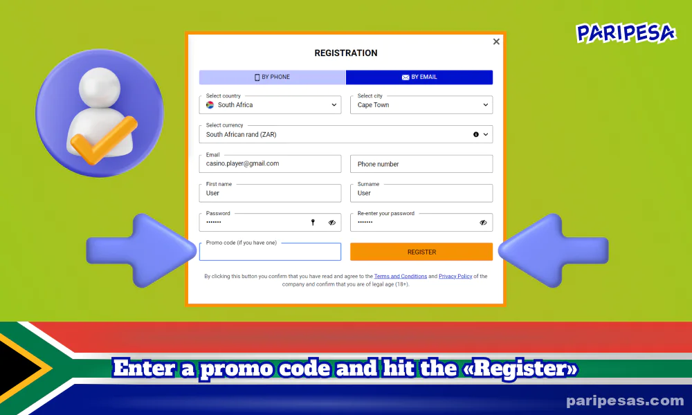 South African gamblers, after entering the required registration details, can enter the promo code for the bonus and click on the Sign Up button